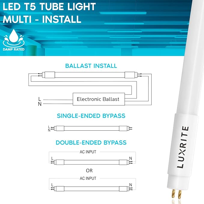 LUXRITE 12-Pack 4FT T5 LED Tube Lights, Type A+B, 24W=54W, 3000K Soft White, 45.78", Ballast and Ballast Bypass Compatible, Single or Double End Powered, F54T5 Fluorescent Replacement, Damp Rated