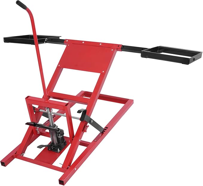 Lawn Mower Lift with Hydraulic Jack 500 Lbs Weight Capacity, Solid Carbon Steel Lawn Mower Lift, Adjustable Wheel Span Lawn Lifter for Riding Tractors and Zero Turn Lawn Mowers (Black+Red)