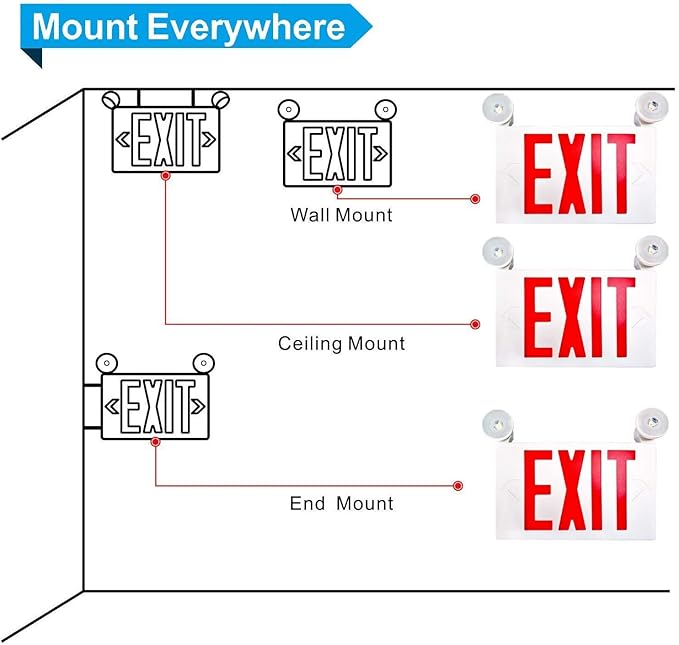 1 Pack Red Led Exit Sign with Emergency Lighting Battery Backp -Two LED Adjustable Head -120V/277V-UL Listed-Exit Lighting -Dual LED Lamp ABS Fire Resistance for Power Failure.