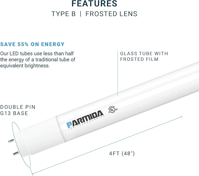 PARMIDA 20-Pack 4FT LED T8 Ballast Bypass Type B Light Tube, 24W, UL-Listed for Single-Ended & Dual-Ended Connection, 3000lm, Frosted Lens, T8 T10 T12, UL - 5000K