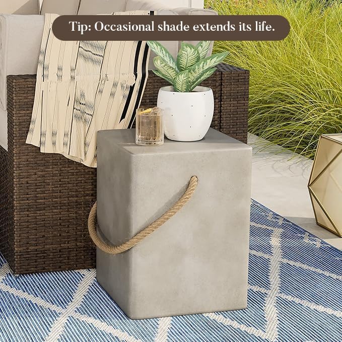 COSIEST Set of 2 Concrete Side Table, Rectangular Outdoor Side Table w Hemp Rope Handles,15''Patio Side Tables End Table, Outdoor Accent Side Table for Garden and Patio, Grey