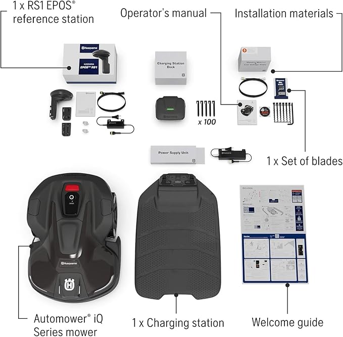 Husqvarna 440iQ Automower Robotic Mower, 2 Acre Mowing Capacity, Wire Free Robot Lawn Mower with Charging Station, RS1 EPOS Reference Station and Replacement Blades