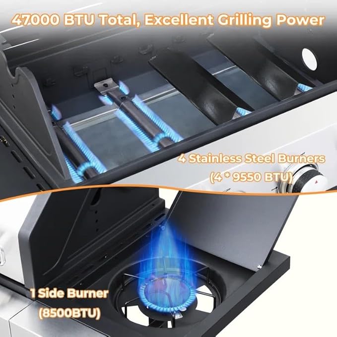 4-Burner Propane Gas Grill With Side Burner, 34,200 BTU Outdoor BBQ Grill with Stainless Steel Warming Rack & Enameled Cooking Grids – Foldable Side Tables, Built-in Thermometer – Heavy-Duty 6" Wheels