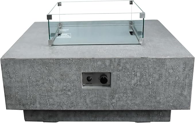 Elementi Manhattan Gas Fire Pit Bundle Concrete Fire Table, Outdoor Fire Pit Electronic Ignition | Canvas Cover, Lava Rock Included | Free AMS Wind Guard | Light Gray (Natural Gas)