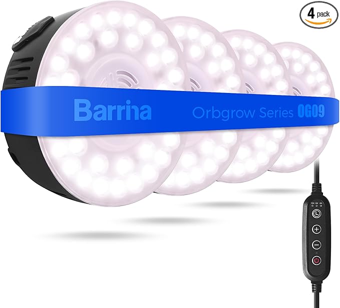 Barrina Orbgrow OG09 Puck Grow Light with Timer, Pinkish White 36W(4 x 9W, 540 Watt Equiv), Full Spectrum Plant Light for Indoor Plants, Magnetic & Linkable, 5 Levels Dimmable, 4 Packs, Black