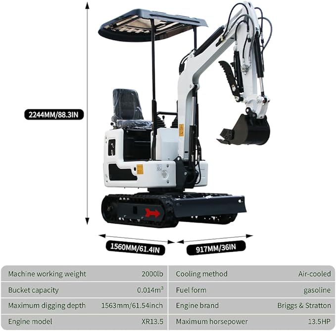 Mini Excavator for 1 Ton B&S Engine with Hydraulic Thumb Clamp,Standard Bucket, Rake, Grapple, Ripper,Mud Bucket,Quick Change Attachments (w Farm excavator)