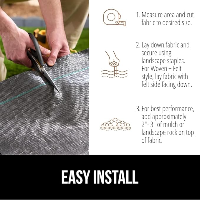 GORILLA GRIP 3 FT x 50 FT Powerful Weed Barrier Landscape Fabric, Durable Tear Resistant Blocker, Permeable UV Resistant Fabrics for Landscaping Outdoor Garden Bed, Ground Mulch, 3.2oz Woven