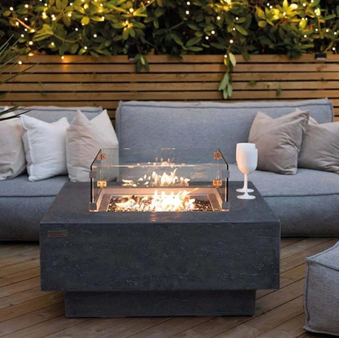 Elementi Manhattan Gas Fire Pit Cast Concrete Fire Table, Outdoor Fire Pit Electronic Ignition | Canvas Cover, Lava Rock Included | Free AMS Wind Guard | Dark Gray (Propane Gas)