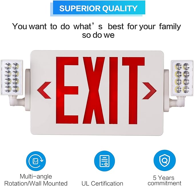1 Pack- UL Listed Exit Sign with Emergency Lights, Two LED Adjustable Head Emergency Exit Light Combo with Battery-120-277VAC-Exit Sign for Business.