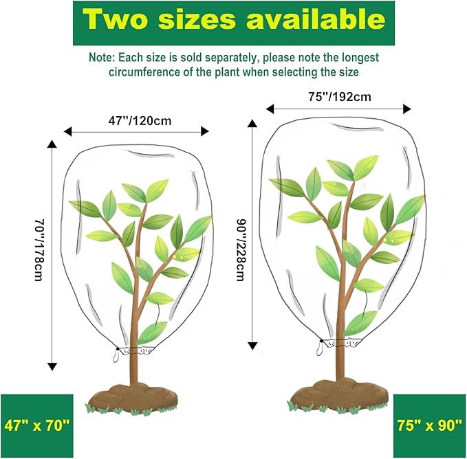 2 Packs Plant Covers Freeze Protection, 47"W X 70"H Large Frost Blankets 2.47oz/yd² with Zipper Drawstring, Reusable Frost Cloth Winter Tree Covers Shrub Jackets for Outdoor Plants Fruit Tree Potted