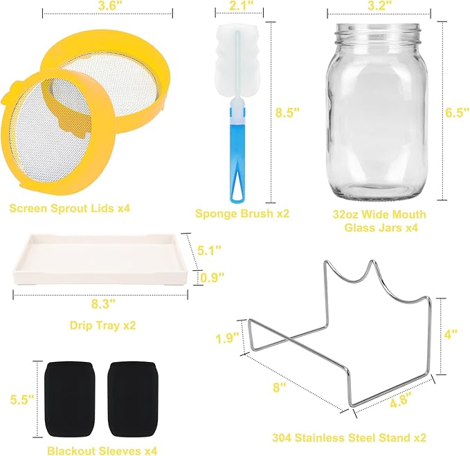 Lulonpon Sprouting Kit, 4 Sprouting Jar Kits, Wide Mouth Quart Mason Jars with Stainless Steel Screen Sprout Lids,1000ml Sprouts Growing Kit, Seed Sprouter Set for Growing Broccoli, Bean, Alfalfa 