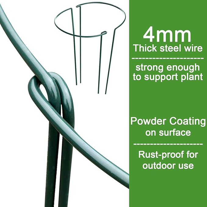 HiGift 16 Pack 24 Inch Plant Support Stakes, 10" Wide x 24" High Half Round Metal Garden Plant Stake Peony Support Cage, Green Plant Support Ring Border for Tomato,Hydrangea,Flower Indoor Outdoor