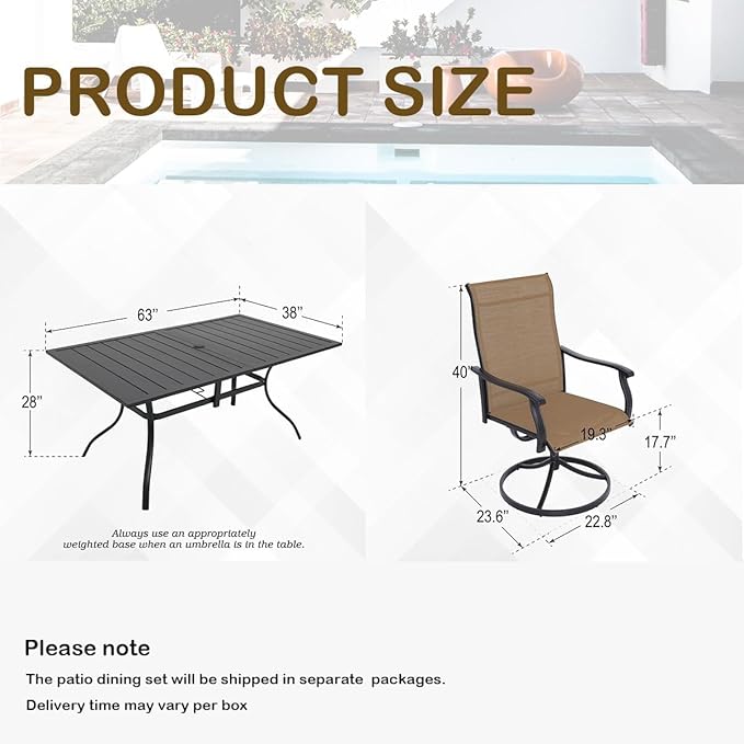 7-Piece Outdoor Dining Set, 6 Swivel Chairs&63.5‘’ Rectangular Table All Weather Frame Furniture Set - Brown Style1
