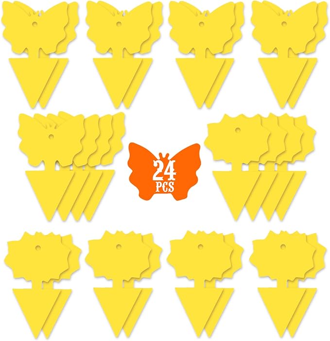 24PCS Fruit Fly Sticky Traps, Fungus Gnat Traps Insect Trap for Plants Kitchen Indoor and Outdoor(24 Light Yellow)
