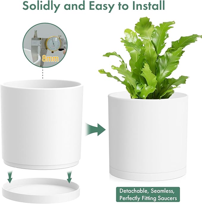 Cylinder 12 inch Plant Pots, Mordern Plastic Planters with Drainage Holes and Saucers for Indoor Outdoor Plants Flowers, White