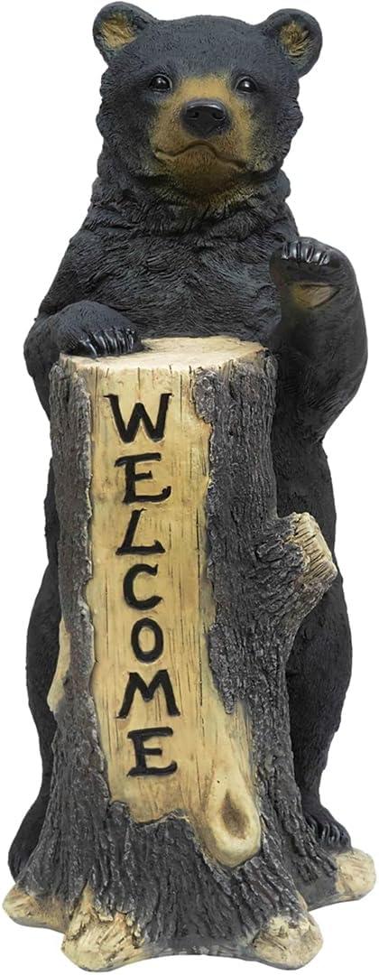 Black Forest Décor Standing Bear Tree Trunk Welcome Sign – Rustic Black Bear Decor, 14"W x 20"D x 35 1/2"H