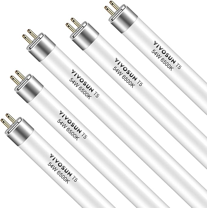 VIVOSUN T5 Grow Light Bulbs 4 Ft 46 Inches, 54W 6500K HO Fluorescent Tubes Light Bulbs, Cool White T5 Bulb for 46 Inches T5 Light Fixtures, T5 Grow Lights for Indoor Plants, 4 Ft 54W Pack of 5
