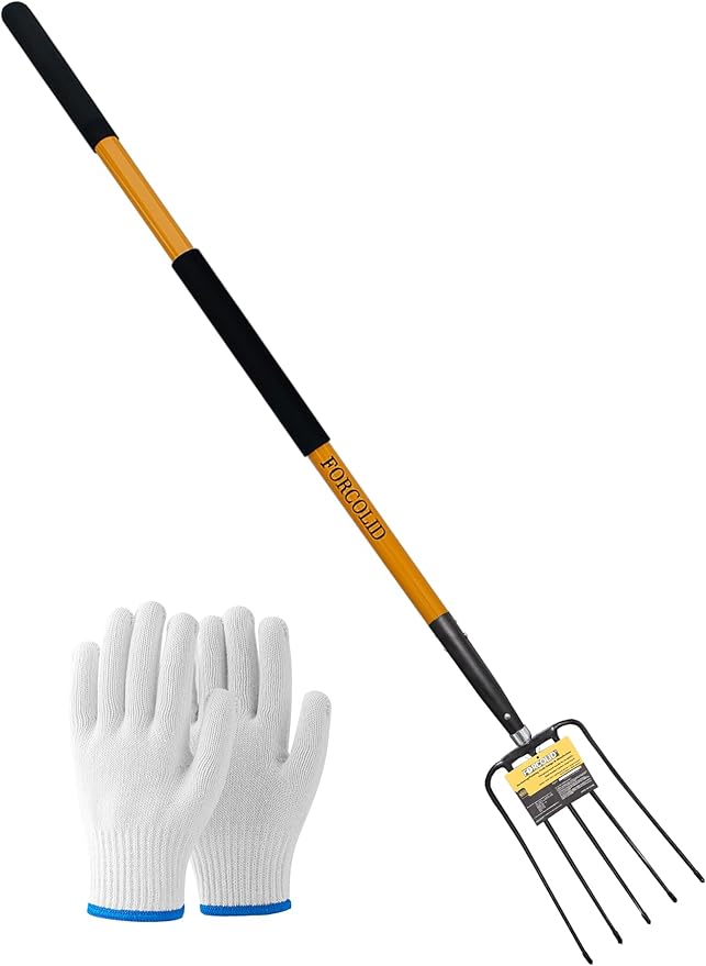 Pitch Fork-58 Inch,5-Tine Steel Garden Fork Heavy Duty, Mulch with Cushion Grip, Orange Fiberglass Handle