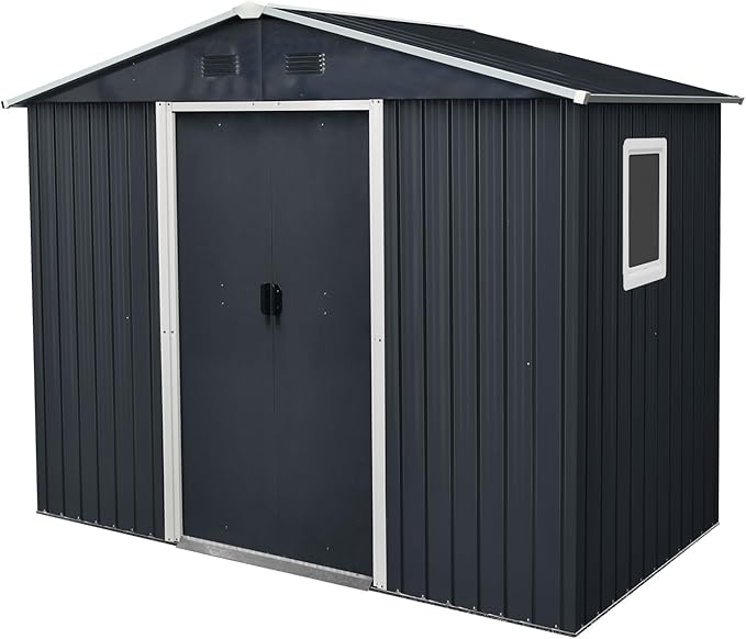 Outdoor Storage Shed, 8x4ft Metal Storage Shed with Window and Metal Foundation, Lockable Sliding Door, All Weather Tilted Roof Tool Shed with Vents, for Backyard, Patio, Lawn