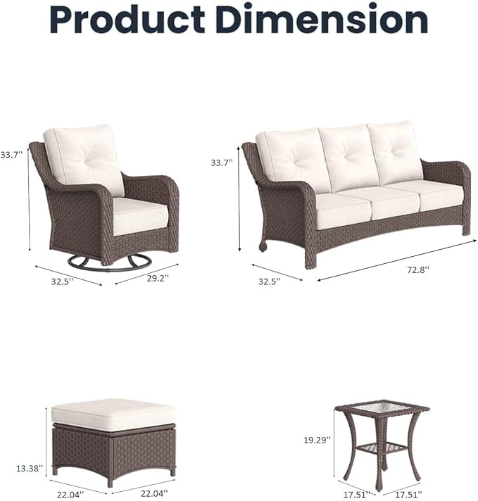 6 Pieces Outdoor Patio Furniture Sets with Rocking Swivel Chairs with 6-inch Thick Cushion and Side Table for Deck Lawn