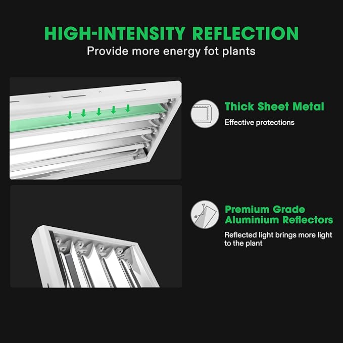 VIVOSUN T5 Grow Lights, 5000 Lumens per 4ft., 216W (4 X 54W), 6500K HO Fluorescent Tubes, with High-Output T5 Light Fixture Bulbs for Indoor Plants, 8ft Power Cord, 2 Hanging Cables, 2 On/Off Control