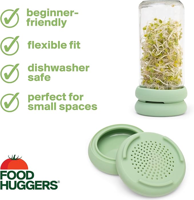 Food Huggers Sprout Huggers | Silicone Sprouting Lids | Fits Any Jar | No Rust, No Mess | Sprouting Mason Jar Kit | Grow Sprouts Indoors| Urban Garden | Easy Germination Broccoli Alfalfa Bean Sprouts