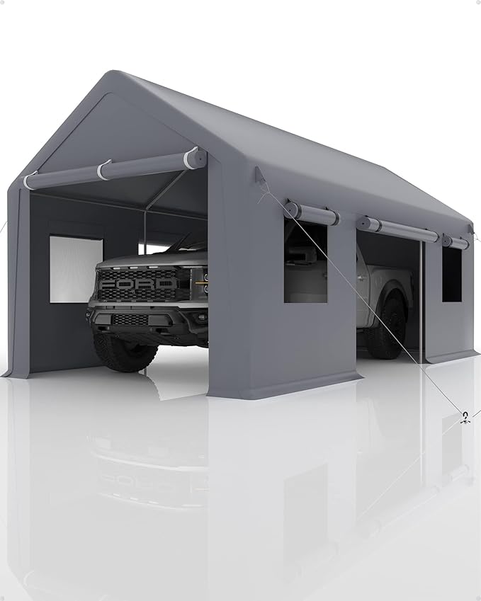 Heavy Duty Carport Canopy 12x20 FT Outdoor Storage Shed – Portable Metal Garage Tent Shelter with Removable Sidewalls & Doors, Car Boat Truck Cover for Driveway, RV, Motorcycle,Gray