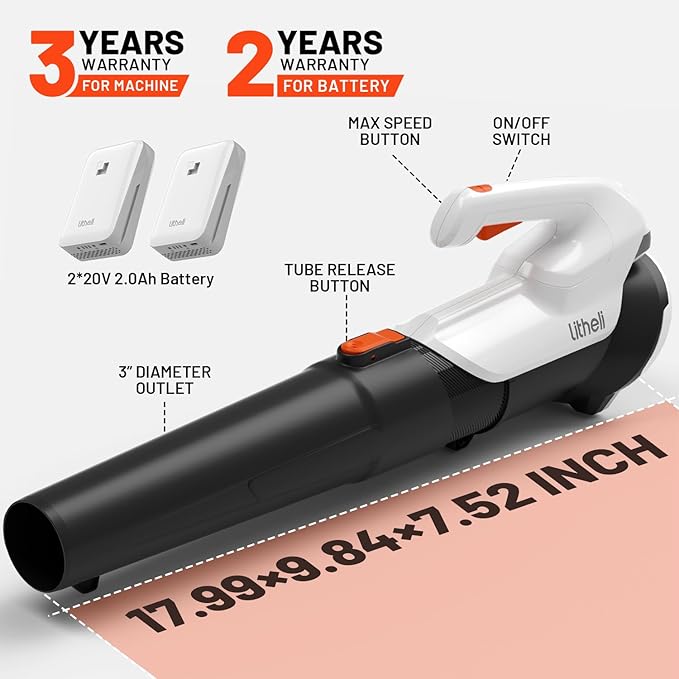 Litheli 20V Cordless Leaf Blower, Dual 2×2.0Ah Batteries Included, 350CFM/85MPH, 2-Speed Lightweight Handheld Electric Blower for Lawn, Patio, Dust & Leaves