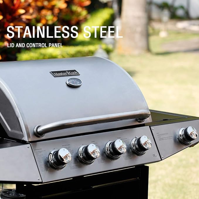 MASTER COOK 4 Burners Gas Grill, 52,000 BTU Cabinet Grill, Propane Grill, with Side Burner, Built with Stainless Steel, Silver&Black