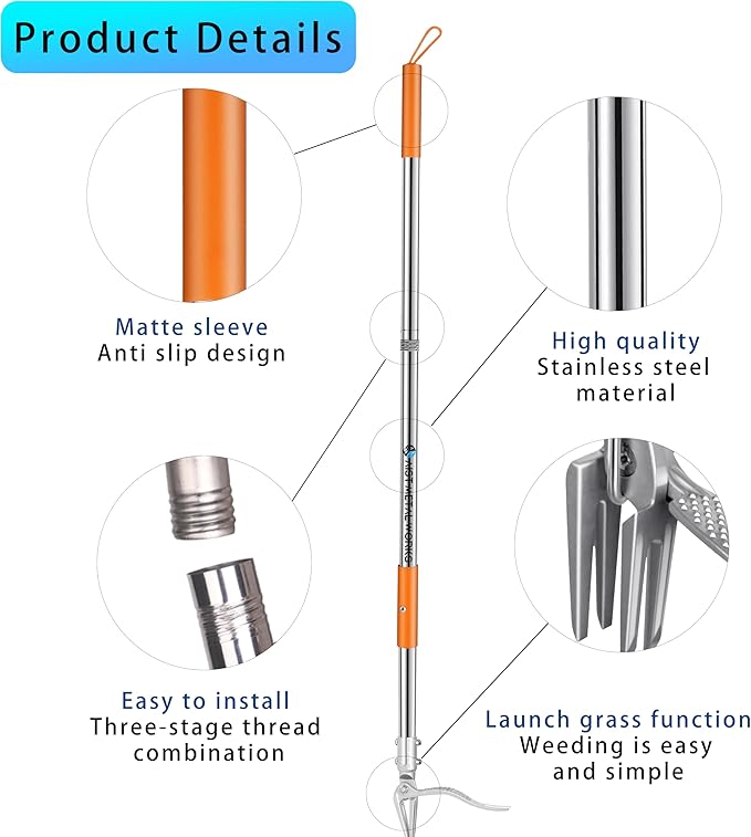 YYMIYU 52" Stand Up Weed Puller Tool β 4-Claw Stainless Steel Weeder with Grass-Pushing & Weed-Ejection Design β Heavy-Duty 0.8mm Steel Handle for Effortless Root Removal