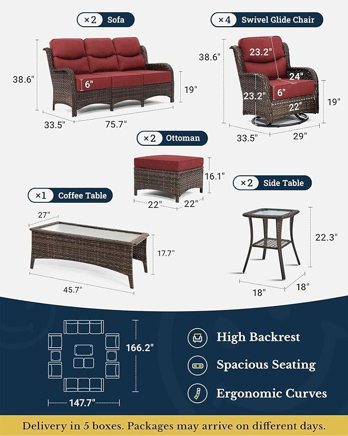 HILLGA Luxury Patio Furniture Set with 6-inch Thick Cushion, Outdoor Couch and High Back Swivel Rocker Patio Chairs, 11PCS Wicker Conversation Set for Deck Yard and Poolside, Burgundy (V2)