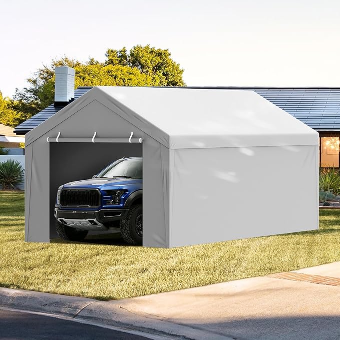 VEVOR Carport Replacement Canopy Cover Top + Side Wall 10 x 20 ft, Garage Tent Shelter Tarp Heavy-Duty Waterproof & UV Protected, Easy Installation with Ball Bungees,Grey (Frame Not Included)