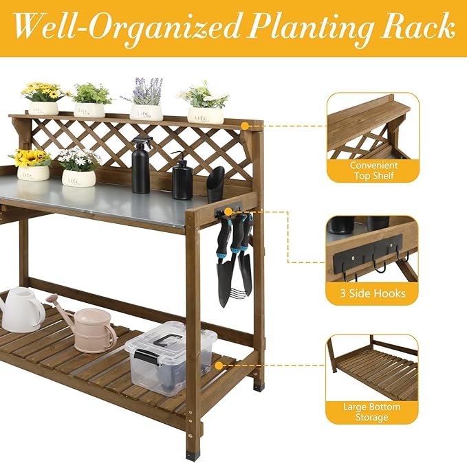 Garden Potting Bench with Metal Tabletop,Outdoor Potting Table Workstation Benches with Drawer/Storage Shelf,Fir Wood Potting Station Work Table with Open Shelf,Lattice Back (Brown)
