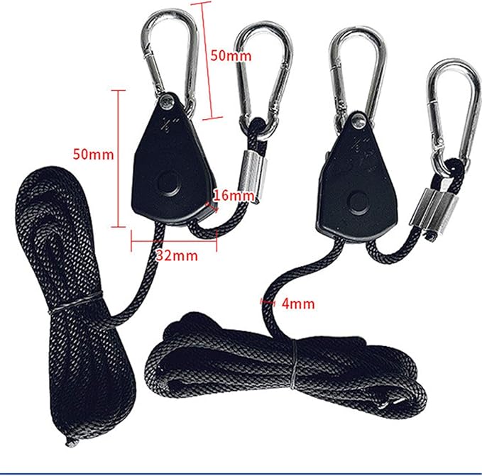 Grow Light Rope Hanger ,1/8" 8-Feet Long Heavy Duty Adjustable Rope Clip Hanger, Adjustable Rope Ratchet Hangers 150 Lbs per Pair (12 Pairs)