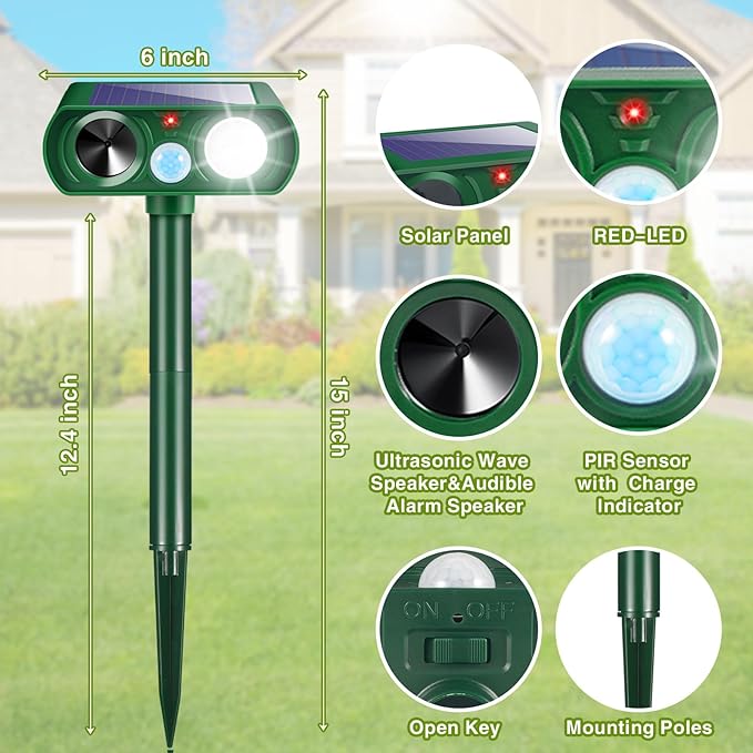 4Pack Solar Ultrasonic Animal Repellent Outdoor Deer Repellent Devices with Motion Detection&Flash Light Dog Raccoon Cat Deterrent,Keep Rodent Chipmunk Squirrel Rabbit Away for Yard Garden