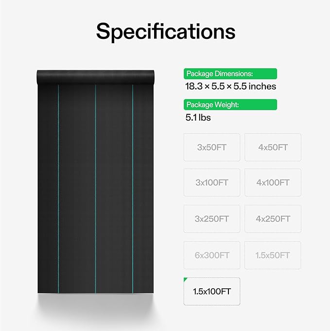 VIVOSUN Premium Weed Barrier Landscape Fabric Heavy Duty, 1.5ftx100ft 5oz Double-Layered Weed Control Mat with High Permeability, Commercial Ground Cover, Easy Set up & Superior Weed Control