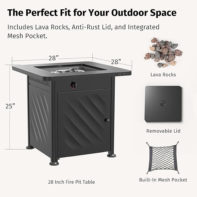 EAST OAK 28โ Outdoor Propane Fire Pit Table | 52,000 BTU Gas Fire Pit for Outside with Easy-Hook Lid, Mesh Pocket & Lava Rocks | CSA Certified | Ideal for Patio, Garden & Backyard | Black