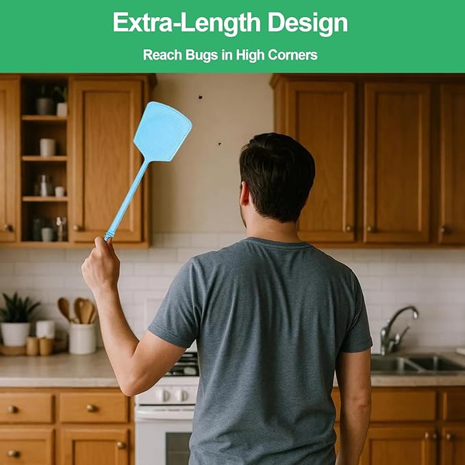 4 Pack Heavy Duty Fly Swatters, Extra Long 17.7in Plastic Bug Swatter with Non-Slip Handle – Indoor/Outdoor Manual Insect Tool, Durable & Reusable (Colorful)