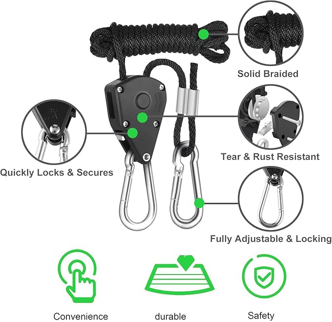 Rope Clip Hanger, 6 Packs 1/8 in Reinforced Adjustable Height Anti-Loose Design Gears Clip for Growing Light Fixtures, Hanging Plants, 8 FT Length 150lbs Weight Capacity