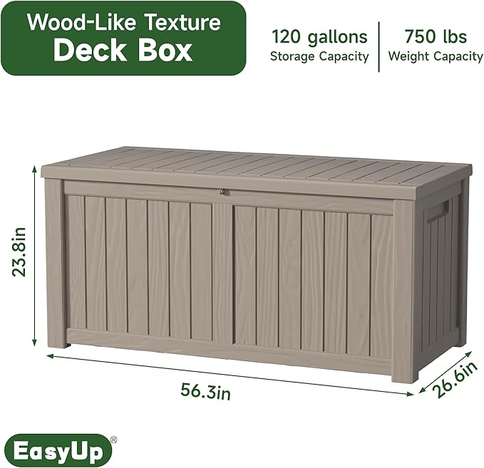 120 Gallon Outdoor Storage Box Waterproof, UV Resistant Resin Deck Box with Hydraulic Rod, Reinforced Stability for Patio, Garden, and Pool, Striped Gray