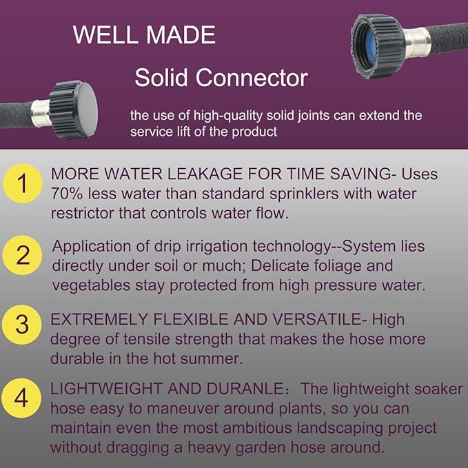 Soaker Hose 25ft - Garden Rubber Soaking Drip Hoses 5/8" Saving 70% Water Garden Hose, Drip Irrigation Round Hose for Lawn Yard, flower beds