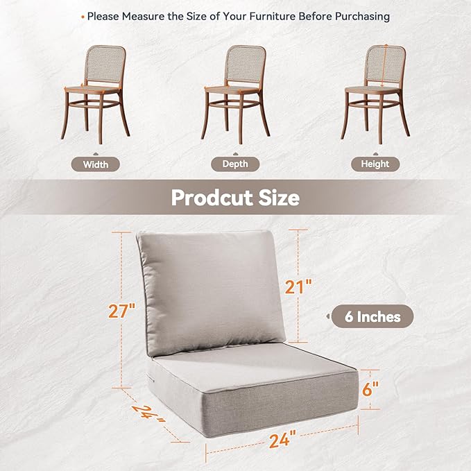 Luxury 6" Outdoor Cushions for Patio Furniture, 24x24x6 Thick Seat Cushion Set of 3, Fade Resistant Couch Chair Replacement Cushions High Density Deep Wicker Chair Cushion w/Removable Cover, Beige