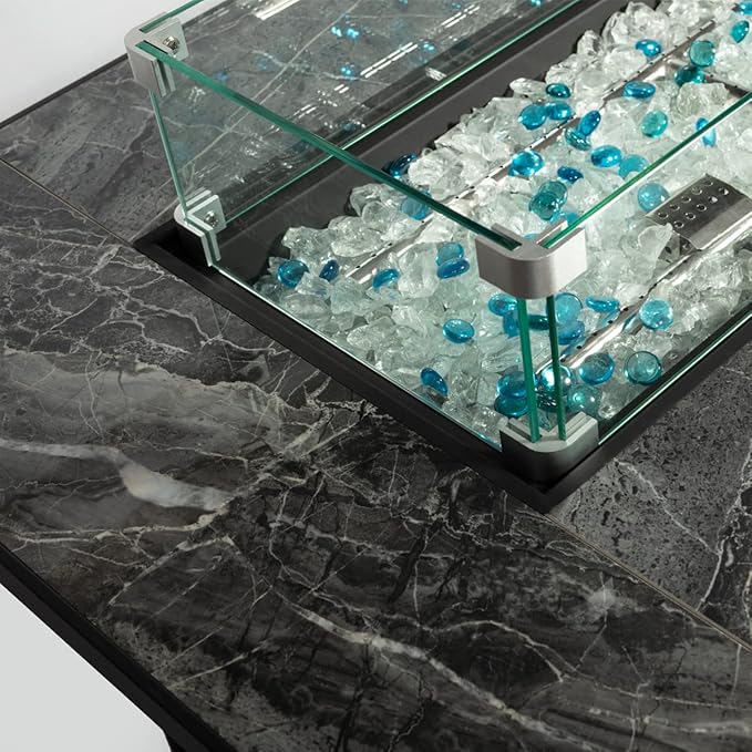 44in Outdoor Propane Gas Fire Pit Table, 50,000 BTU Auto-Ignition Gas Firepit with Glass Wind Guard, Marble Tile Tabletop, Mixed Color Glass Rocks, Brown PE Rattanā¦
