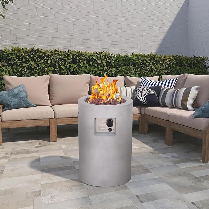 16 Inches Outdoor Round Propane Fire Pit 30,000 Btu with Lava Rocks and Weather Cover TerraFab Faux Concrete, 16” x 16” x 25”, Grey