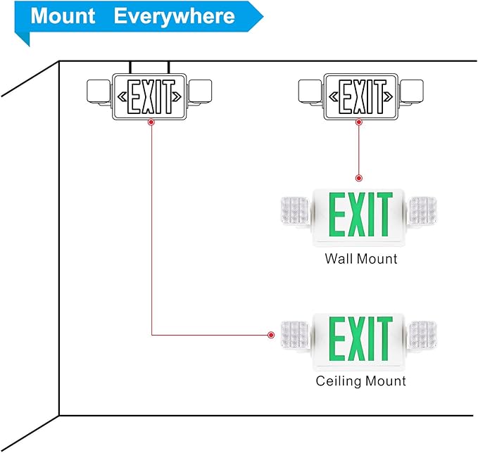 SPECTSUN 2 Packs Exit Sign with Emergency Lights, LED Emergency Exit Light with Battery Backup, UL Listed, AC 120/277V, Commercial Emergency Lights Combo for Business.