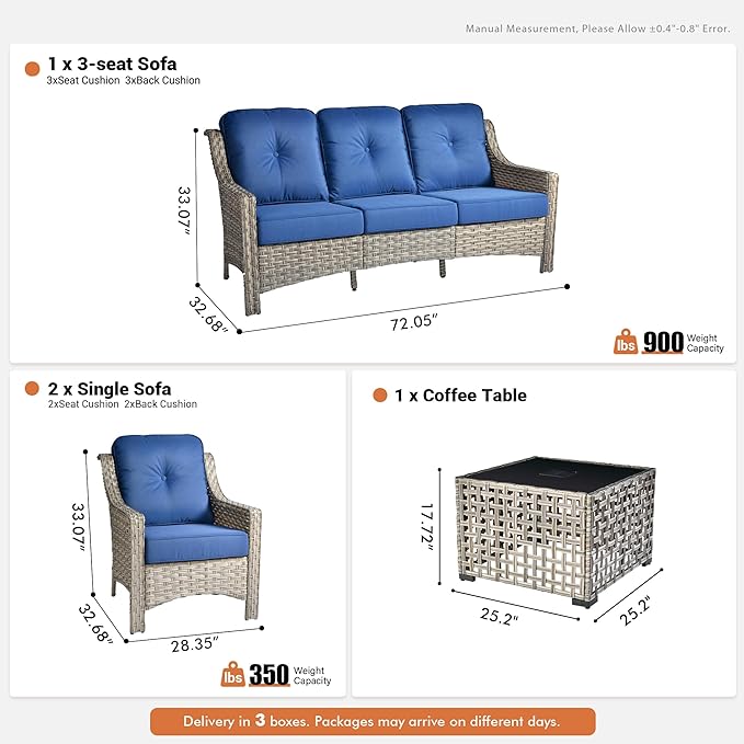 4 Pieces Patio Outdoor Furniture Set,All Weather Wicker Rattan Patio Seating Sofa and Chair Set w/ 3-Seater Sofa and Glowing Coffee Table,Outdoor Conversation Sets for Deck Yard Garden,Navy Blue
