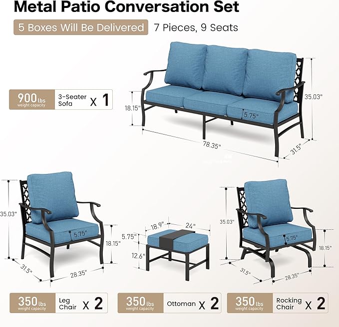 7 Piece Metal Outdoor Patio Furniture Sets, Patio Conversation Sets 1 3-seater Sofa, 2 Fixed Chair, 2 Rocking Chair, 2 Ottomans with 5.75" Thick Cushion, Black Backyard Furniture, Navy