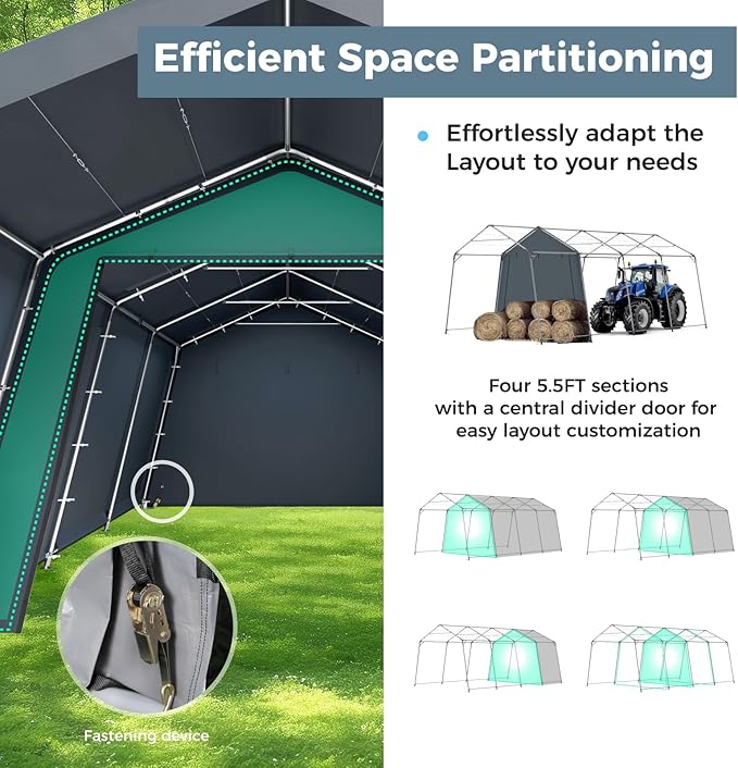 GREEN PARTY Storage Shelter Shed, 13x22 ft Portable Shed Outdoor Carport with Roll-up Zipper Door & Vents, Outdoor Storage Shed Portable Garage for Motorcycle, Bike, Waterproof & UV Protected, Gray