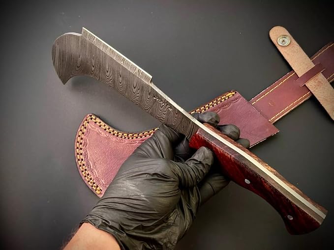 Hand Forged Damascus Steel Billhook Machete Knife – Heavy Duty Sickle Garden Tool for Cutting Trees, Yard Work, Weeding, and Camping – Survival Machete with Leather Sheath and Belt Loop