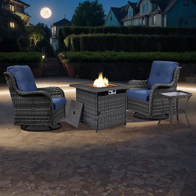 4 Pieces Patio Furniture Set with Fire Pit 50,000 BTU,Outdoor Swivel Rocker Chairs Set of 2 with PE Rattan Side Table,Wicker Outdoor Conversation Set with Rocking Chairs